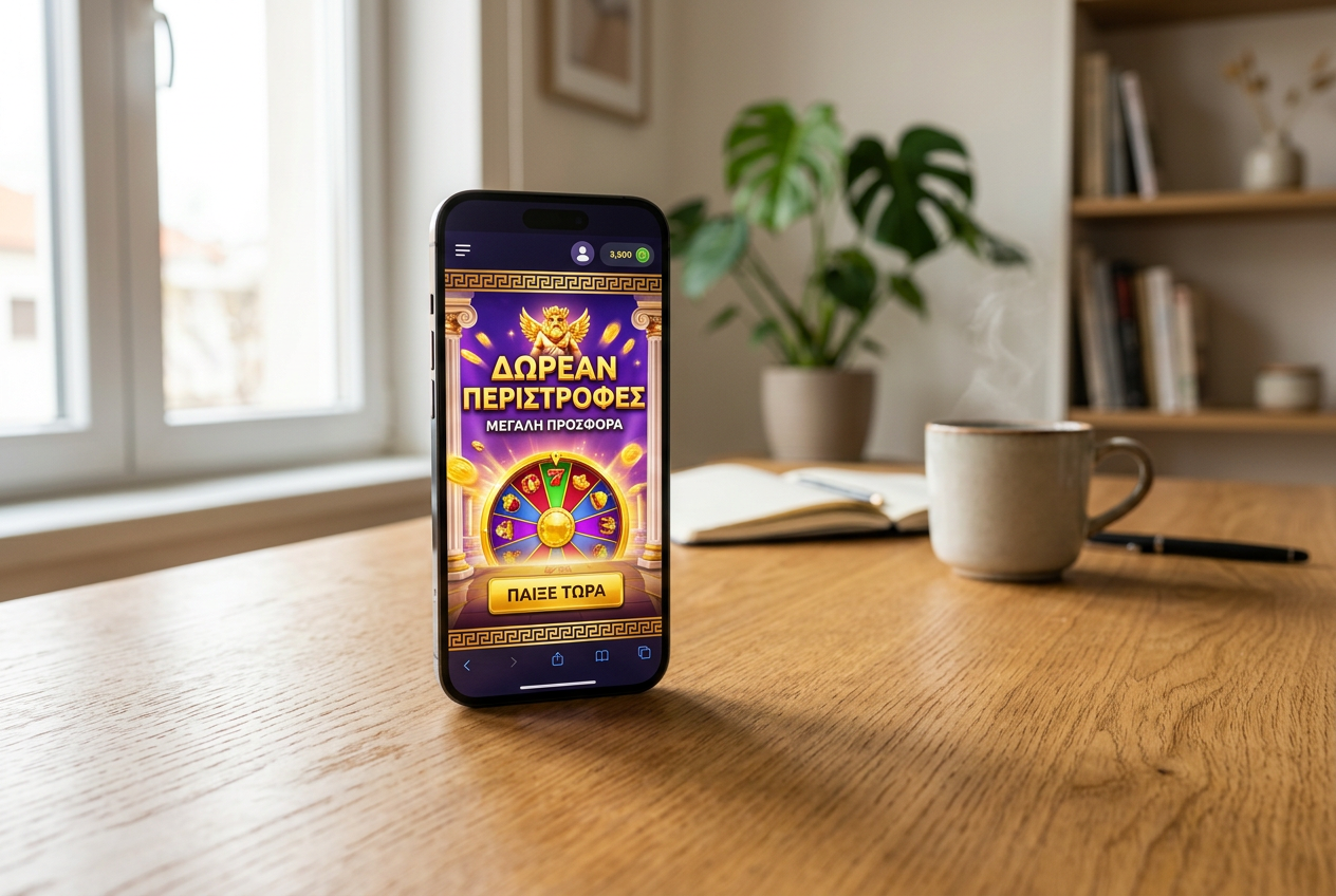 A smartphone on a desk showing a Greek free spins casino offer.