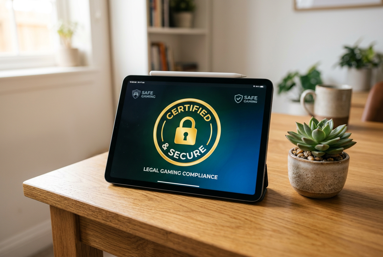 A tablet displaying a security certificate and lock icon for safe gambling.