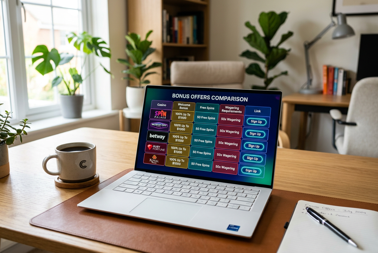 Comparison of online casino bonus offers on a digital screen