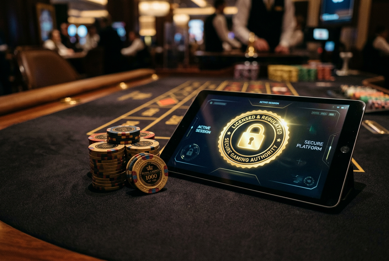 Casino chips and a safety lock icon on a screen representing secure gambling.